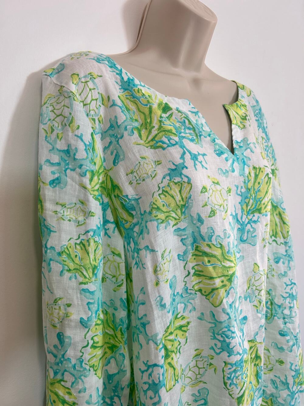 J Jill Tunic Coral and Sea Turtles 100% Linen Women's Large